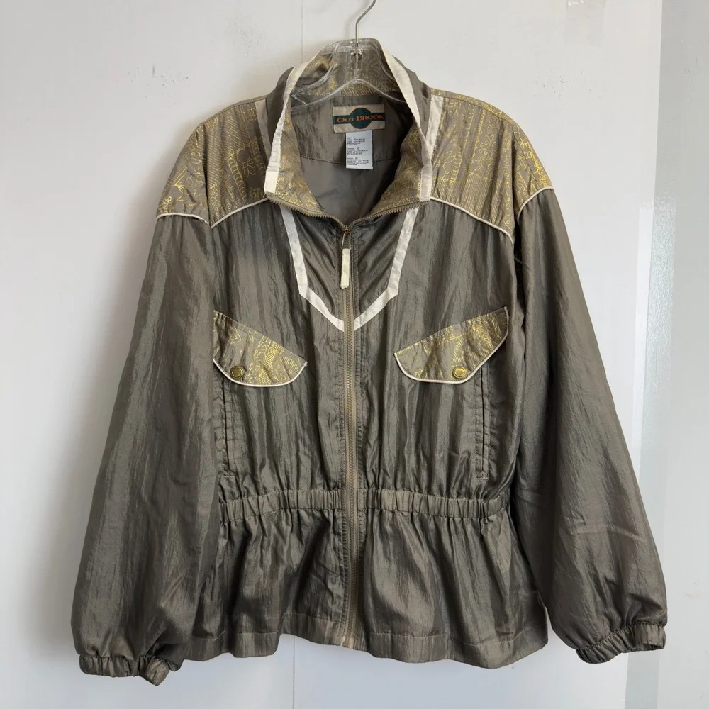 Out‎ Brook Vintage Windbreaker Jacket Olive Gold Graphic Zip Up Womens Large 80s
